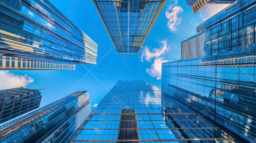 Arranha-céus de vidro azul contra céu claro arquitetura moderna urbana