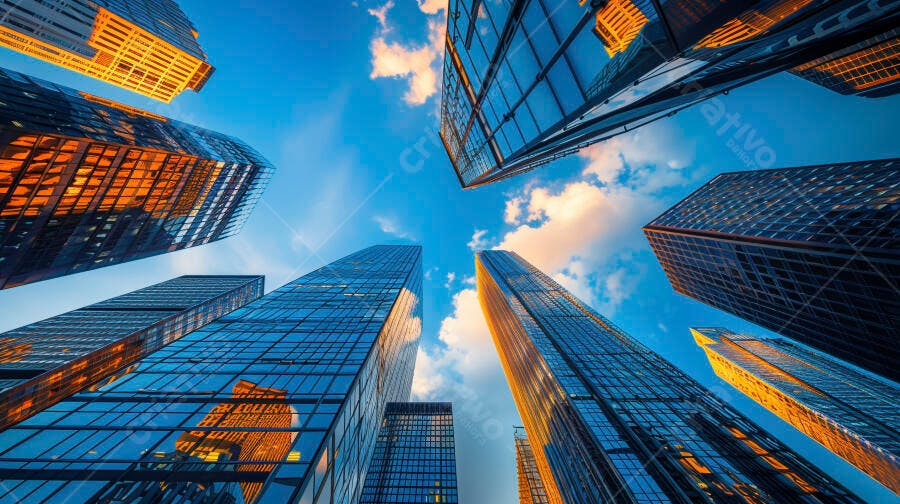 Edifícios modernos de vidro azul contra céu vibrante ao entardecer
