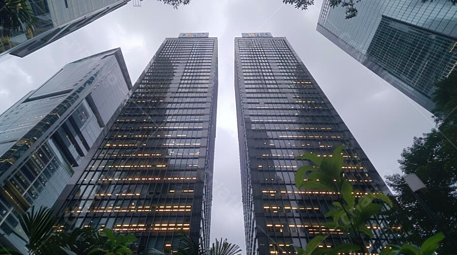 Prédios modernos de vidro em cidade metropolitana sob céu nublado