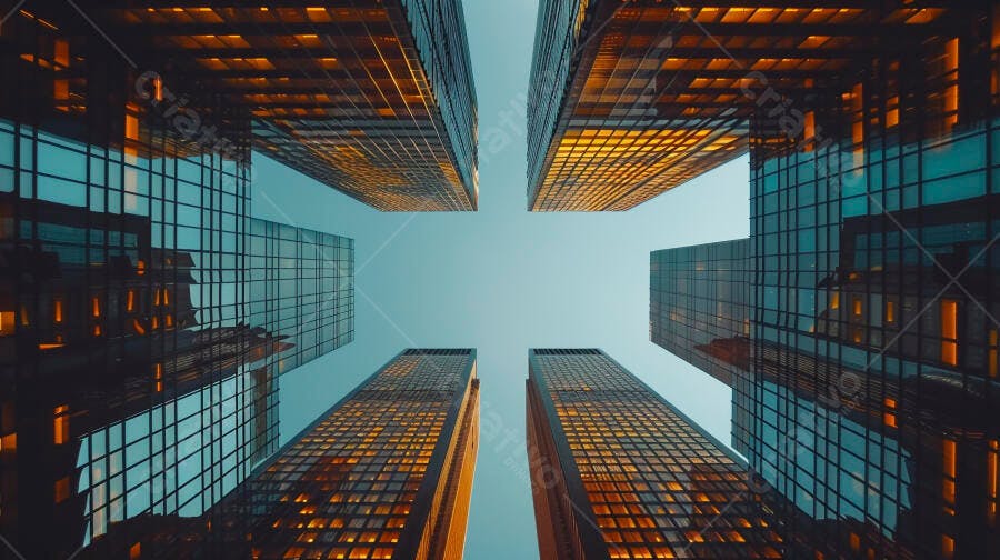 Prédios modernos de vidro e luzes alaranjadas vistos de baixo