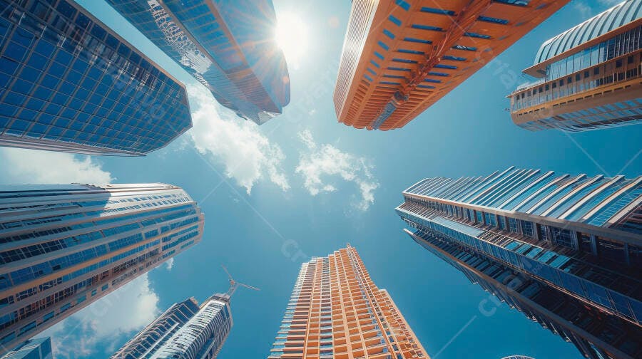 Arranha-céus modernos em perspectiva ascendente sob céu azul ensolarado