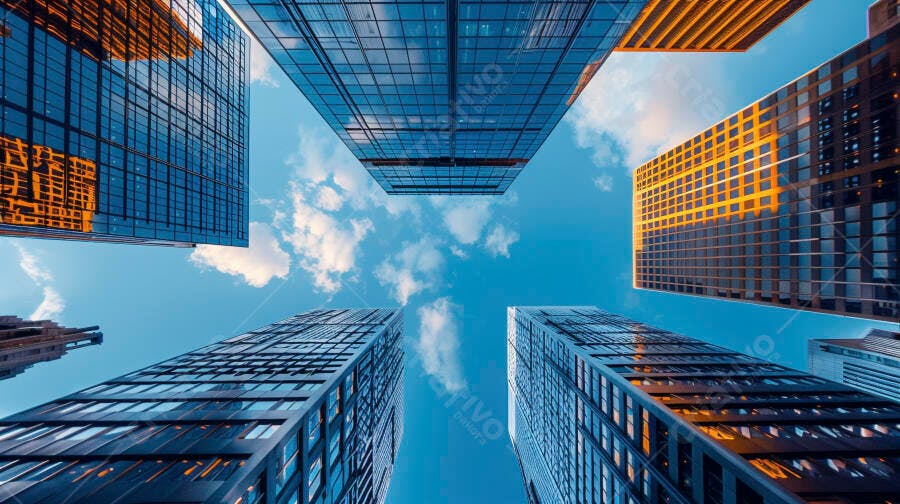 Edifícios modernos de vidro azul e laranja vistos de baixo contra o céu