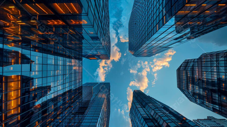 Prédios de vidro modernos reflexos azuis e laranja no céu do entardecer