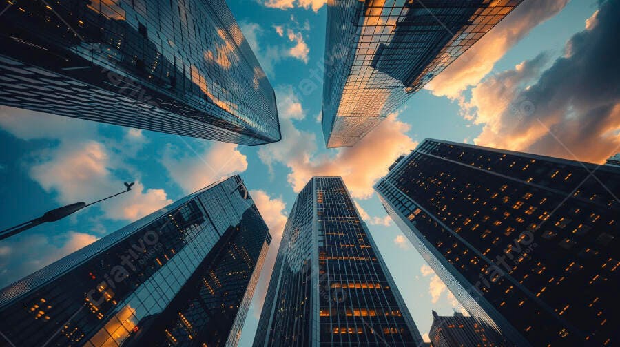 Arranha-céus de vidro refletindo pôr do sol laranja no céu azul