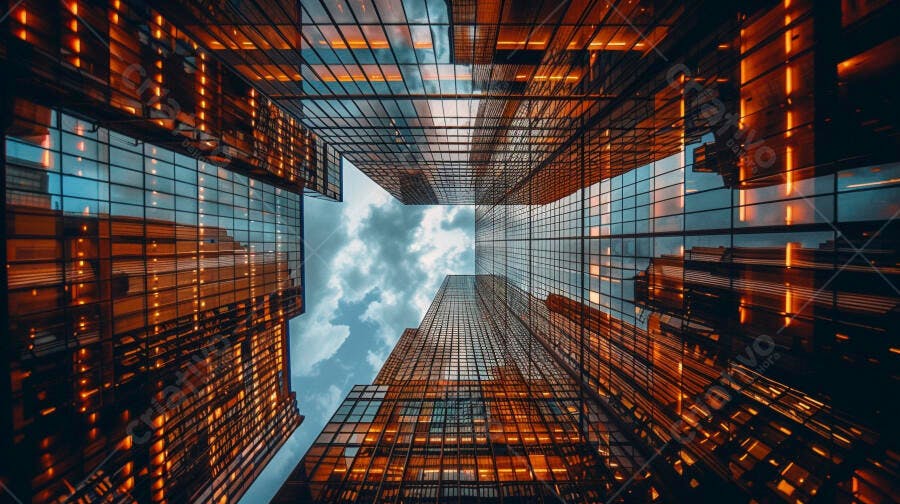 Arranha-céus de vidro com reflexos laranja e céu azul em perspectiva