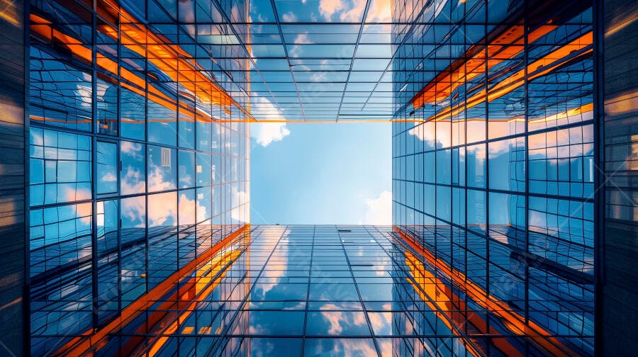 Edifício de vidro moderno com reflexos do céu e laranja ao entardecer