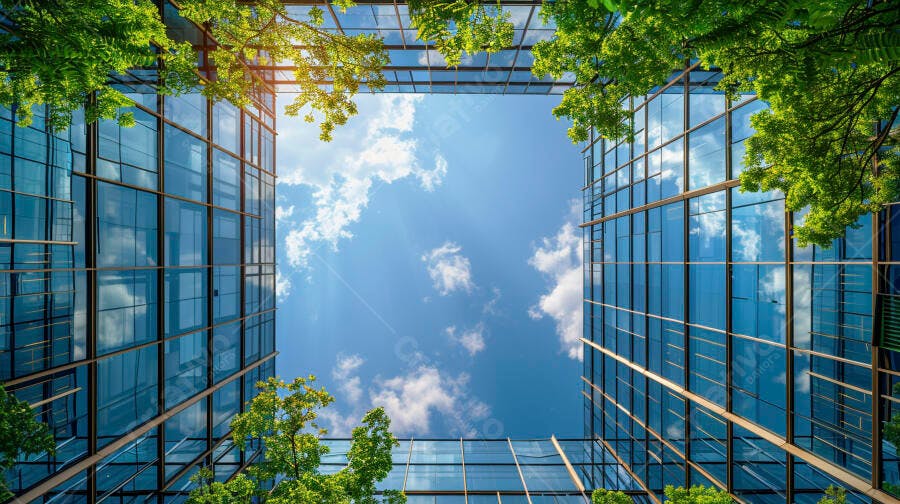 Edifício de vidro moderno refletindo céu azul entre árvores verdes