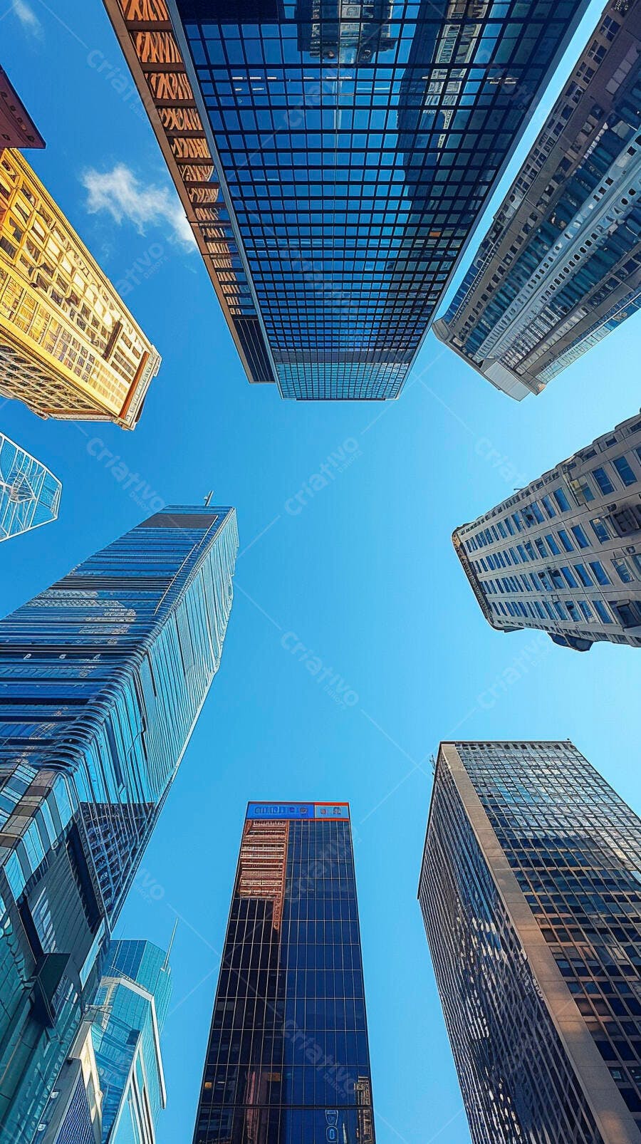 Arranha-céus modernos e prédios de escritórios vistos de baixo sob céu azul limpo
