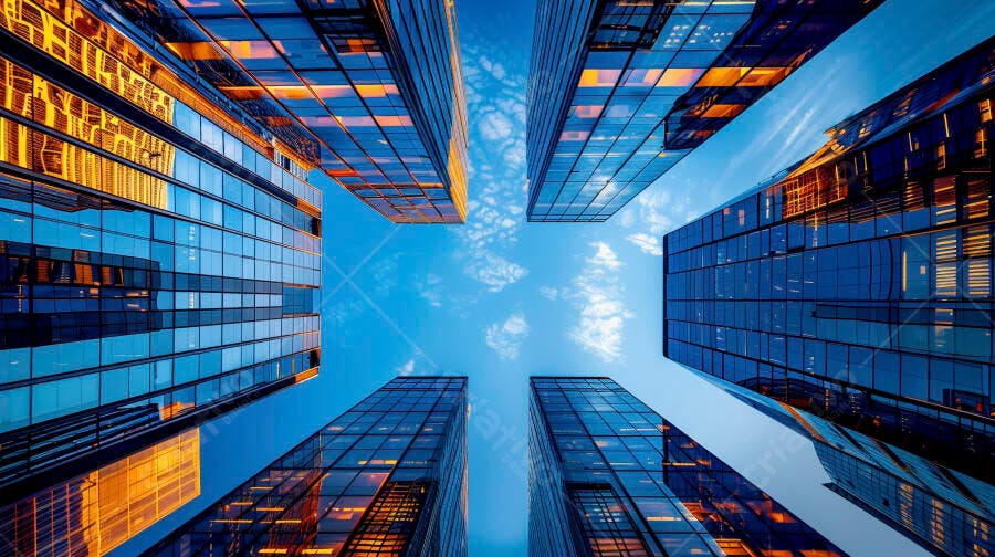 Arranha-céus de vidro azul e laranja refletindo luz em cidade moderna