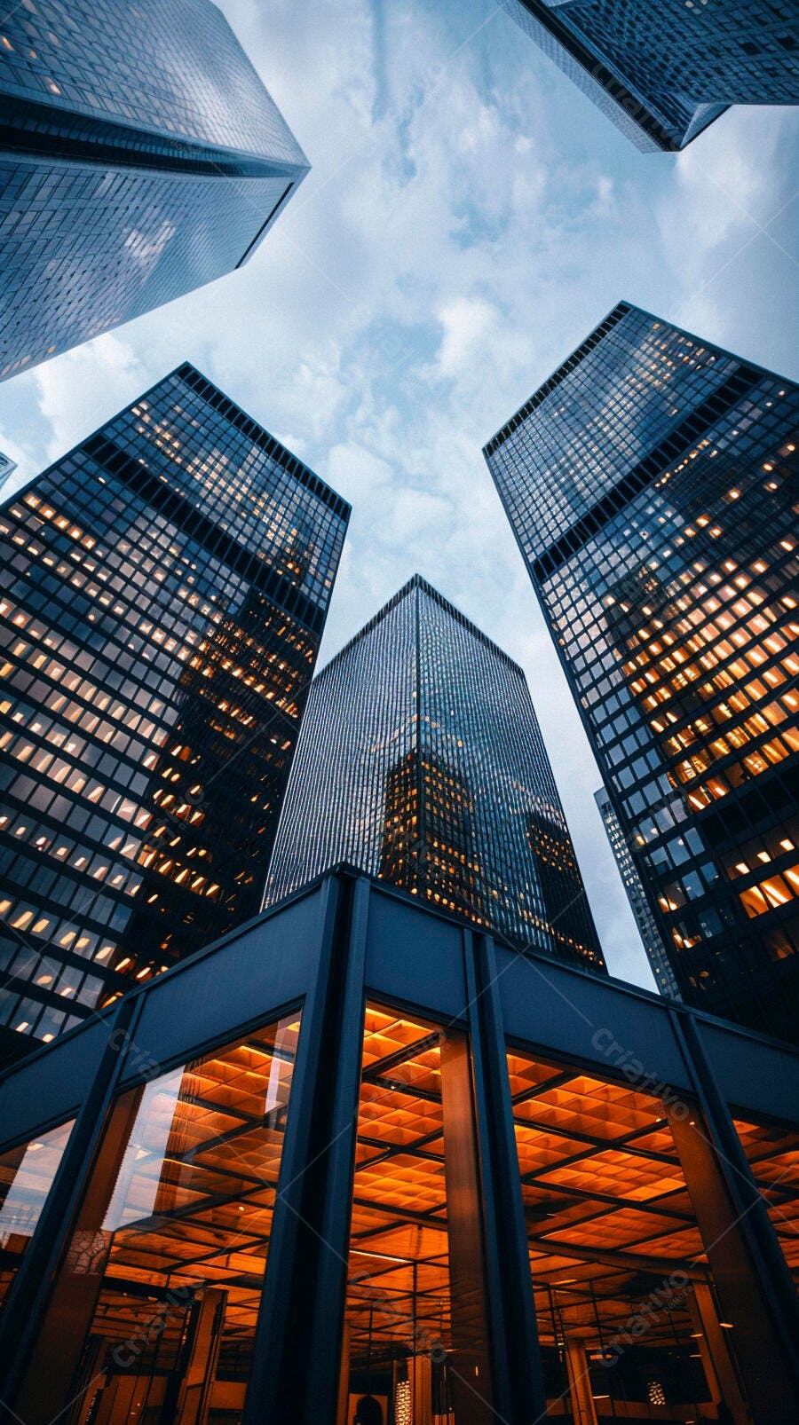 Arranha-céus modernos com luzes acesas no centro financeiro ao entardecer