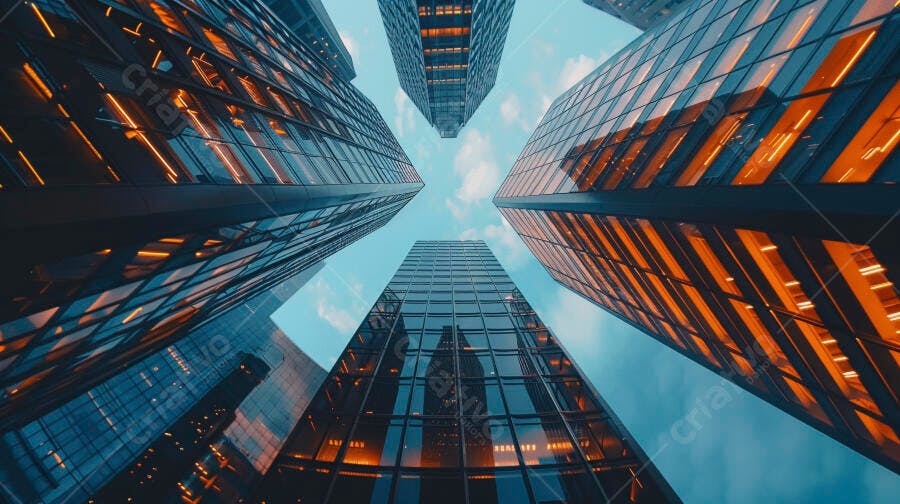 Arranha-céus modernos com reflexos alaranjados no céu azul urbano