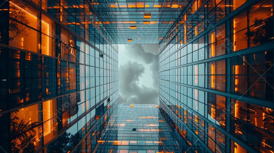Edifícios de vidro modernos vistos de baixo com reflexos laranja e céu nublado