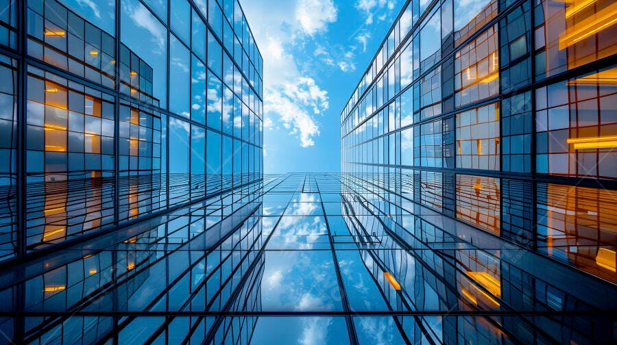 Edifícios de escritórios modernos de vidro reflexivos contra o céu azul vibrante