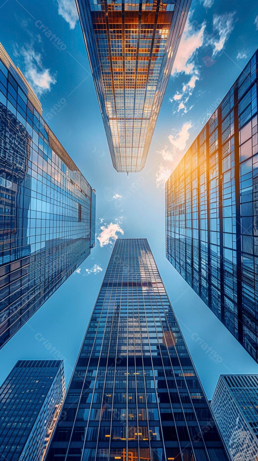 Arranha-céus modernos com reflexos de céu azul e sol dourado em perspectiva urbana