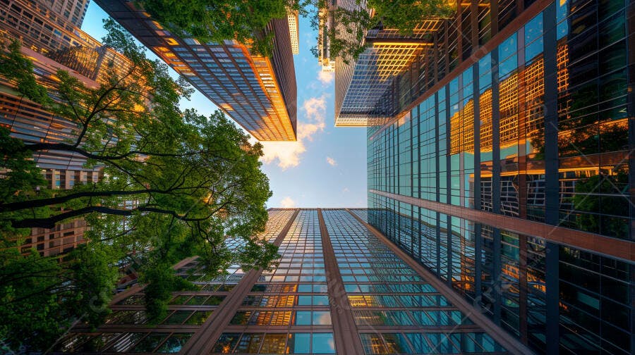 Arranha-céus modernos e árvores vista de baixo em cidade ao entardecer