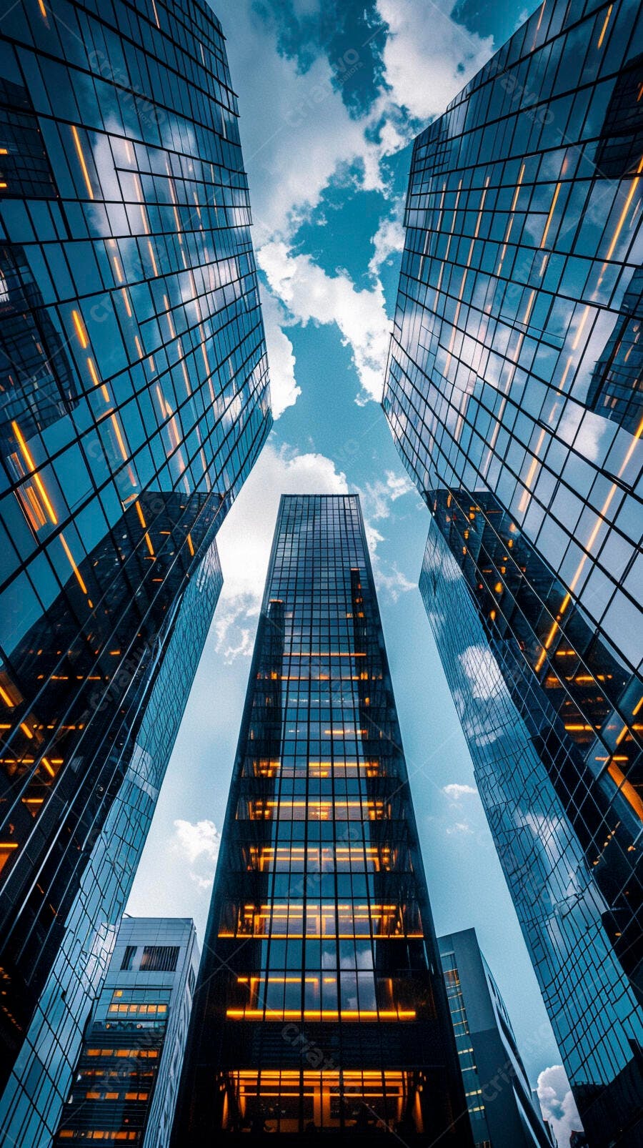 Edifícios modernos de vidro espelhado com luzes internas e céu azul