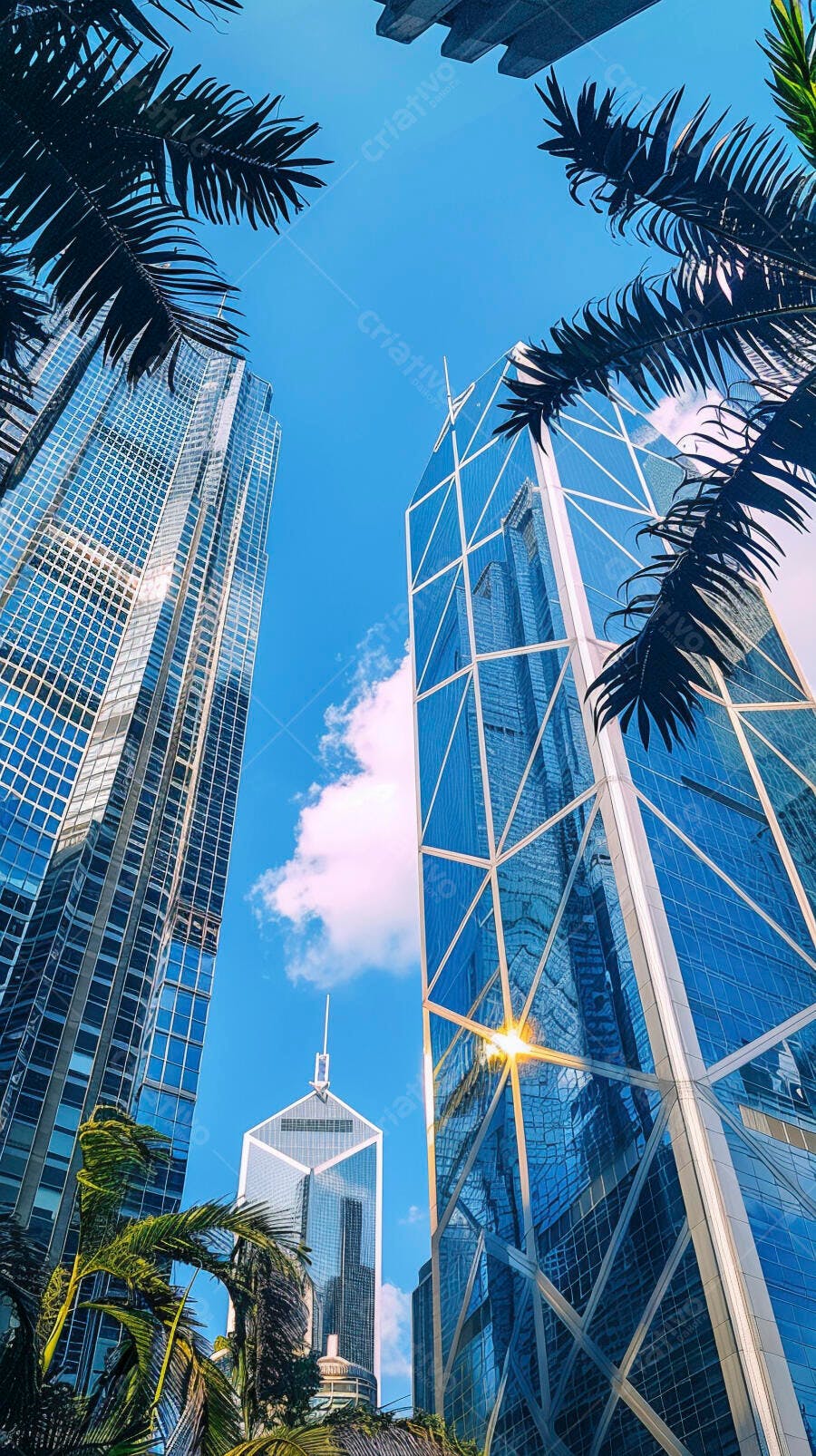 Skyscrapers de vidro modernos em cidade vibrante com palmeiras e céu azul