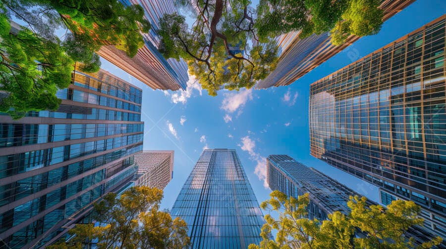 Prédios modernos de vidro e árvores verdes sob céu azul claro