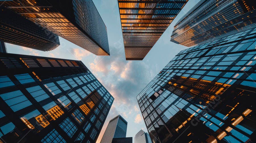 Arranha-céus modernos refletindo céu azul e luz solar urbana