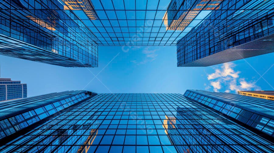 Prédios de vidro modernos azuis arquitetura urbana com céu claro