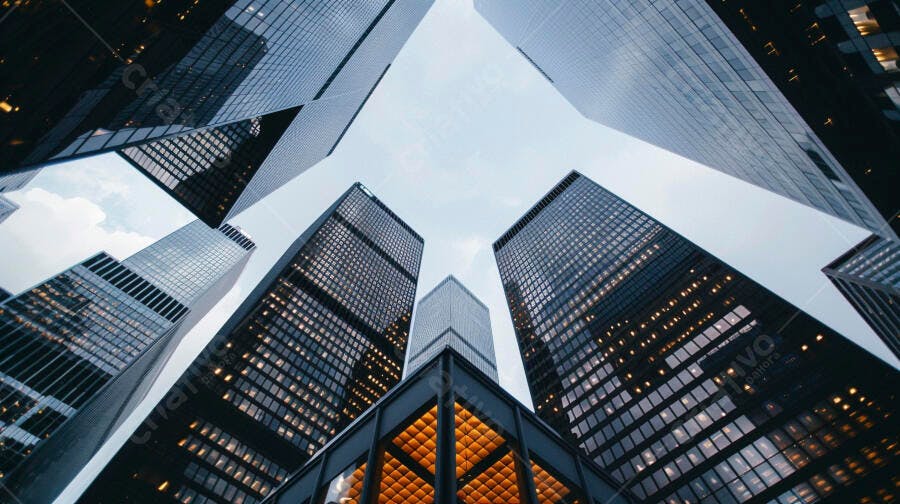 Arranha-céus modernos vista de baixo para cima em centro financeiro urbano