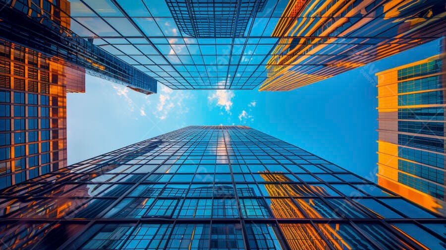 Arranha-céus de vidro modernos com reflexos dourados e céu azul claro
