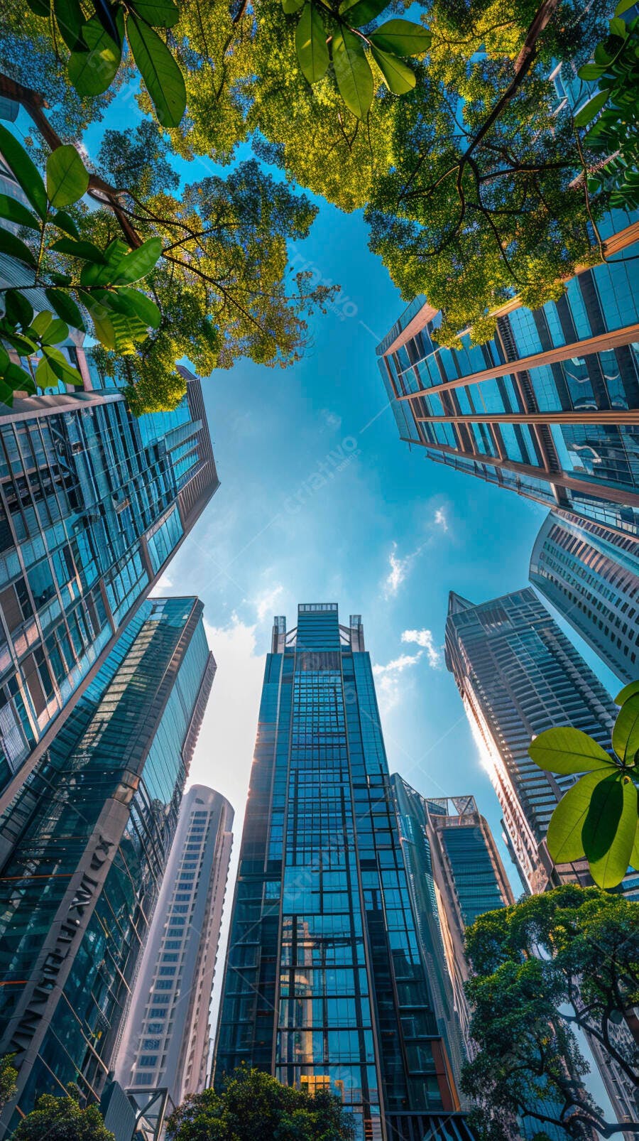 Arranha-céus de vidro e árvores verdes sob céu azul urbano