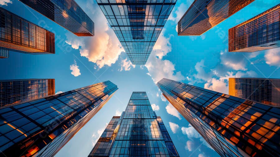 Edifícios modernos de vidro com reflexos do sol e nuvens no céu azul