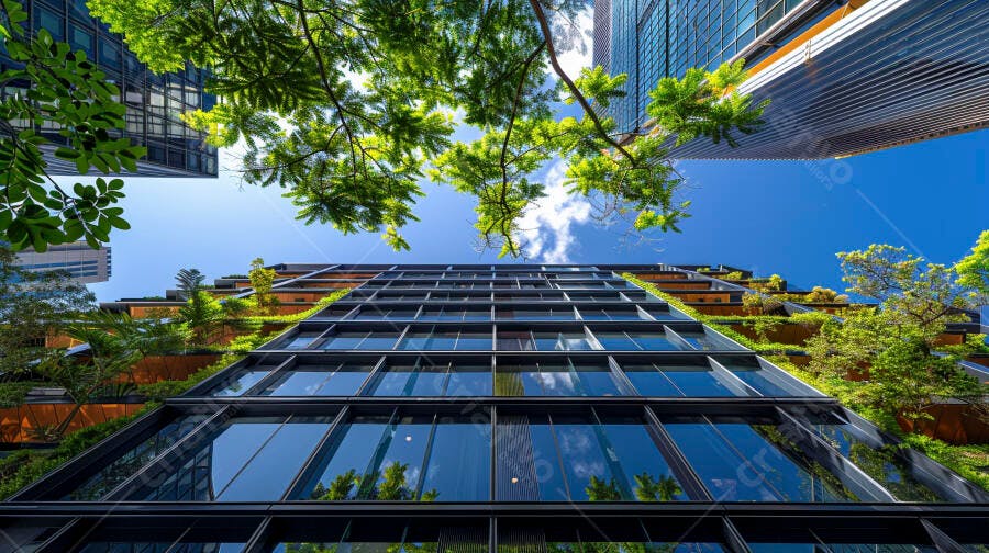 Edifício moderno com jardins verticais e céu azul em perspectiva urbana