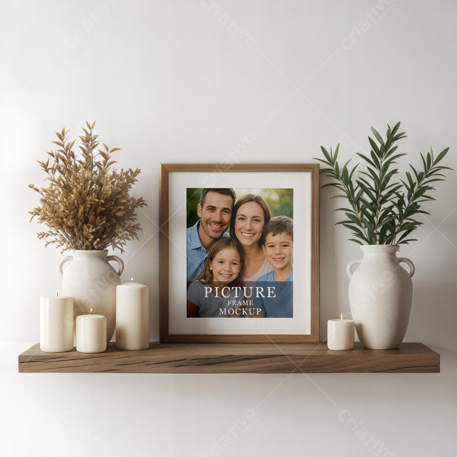 Mockup Realista de Porta-Retrato de Madeira em Prateleira Moderna com Decoração