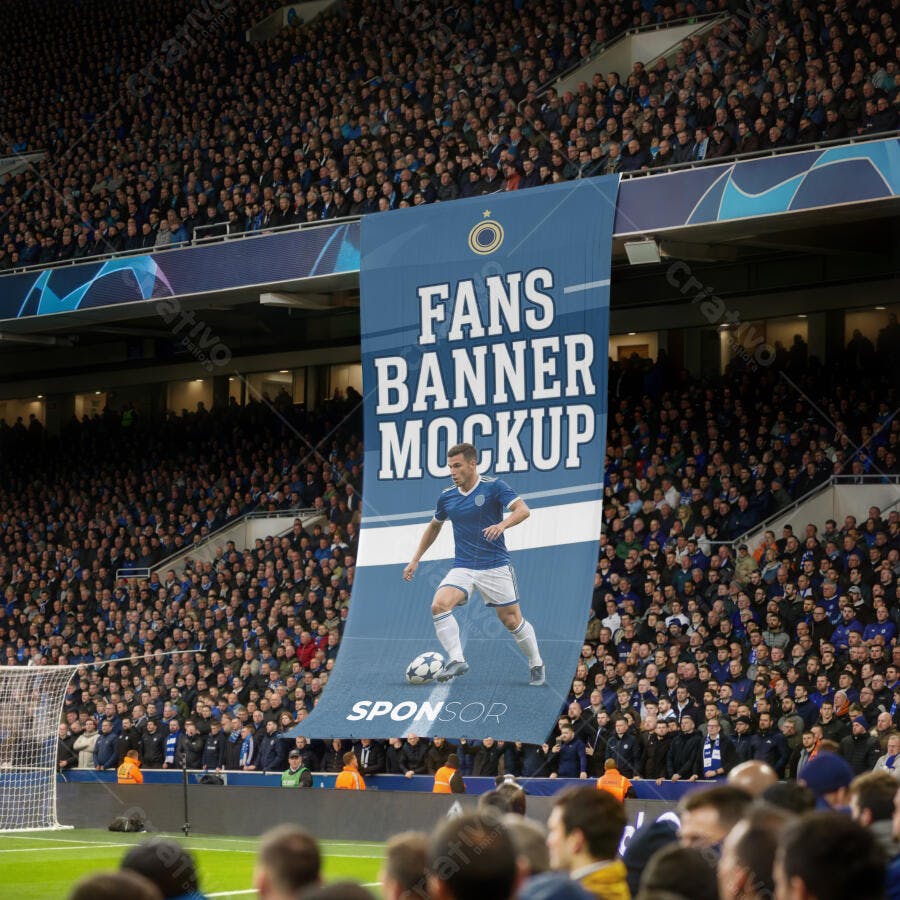 Mockup Banner Vertical Realista em Estádio de Futebol com Torcida e Jogador Azul