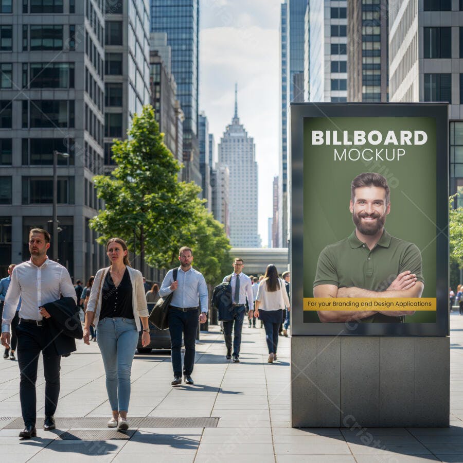 Mockup Painel Digital Urbano Vertical com Pessoas e Prédios Modernos Realisticos