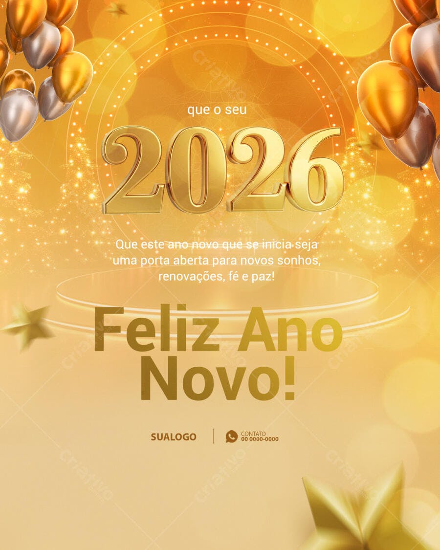 Flyer para Feliz Ano Novo 2026 Dourado PSD Editável