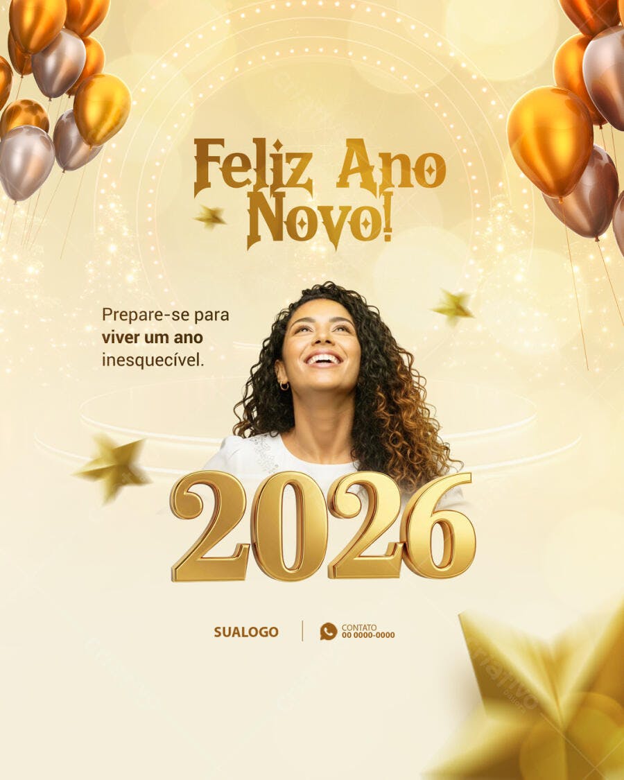 Flyer Feliz Ano Novo 2026 Dourado com Mulher Alegre PSD Editável