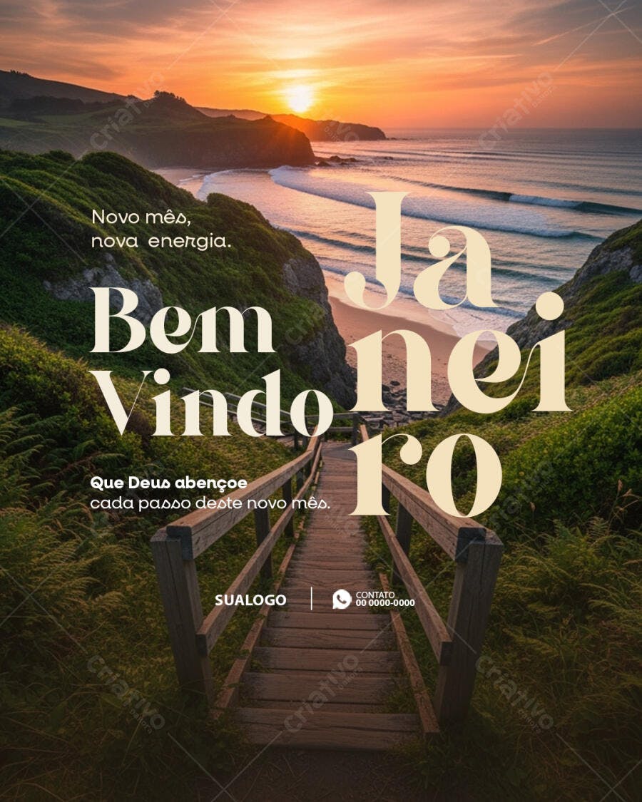 Post de Instagram Bem-Vindo Janeiro Pôr do Sol e Escadaria PSD Editável