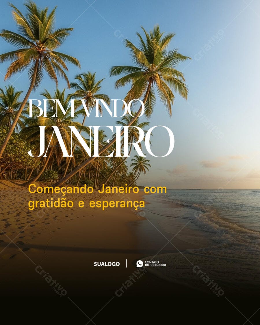 Post Redes Sociais Bem Vindo Janeiro Praia Tropical PSD Editável