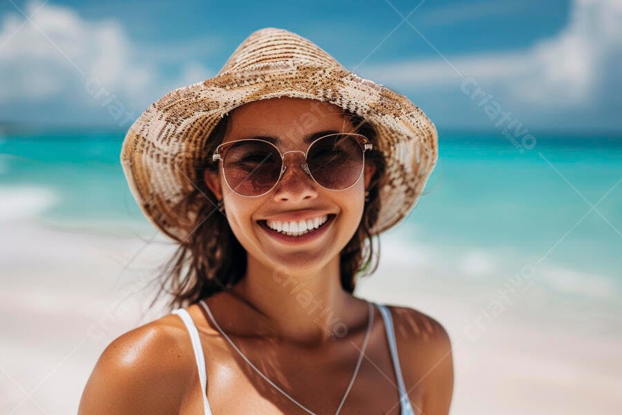 Foto Mulher Sorrindo Chapéu Praia Verão Férias Ensolaradas
