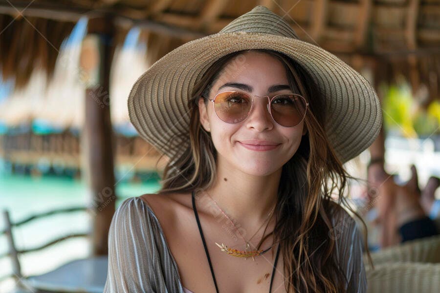 Foto Mulher Jovem Sorrindo Chapéu Praia Férias Verão