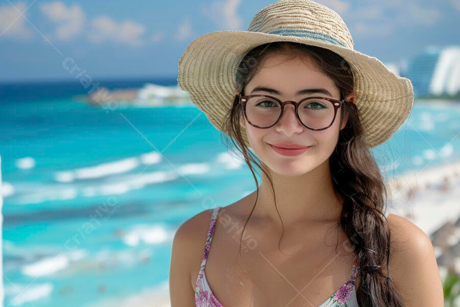 Foto Menina Adolescente Óculos Chapéu Praia Verão