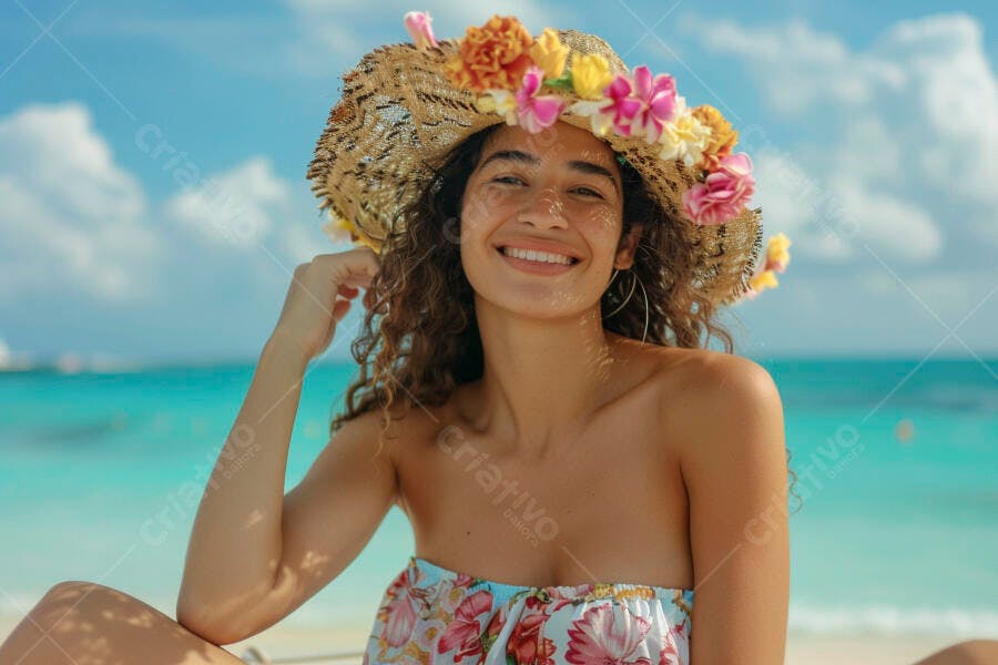 Foto Mulher Sorrindo Chapéu de Palha Flores Praia Verão