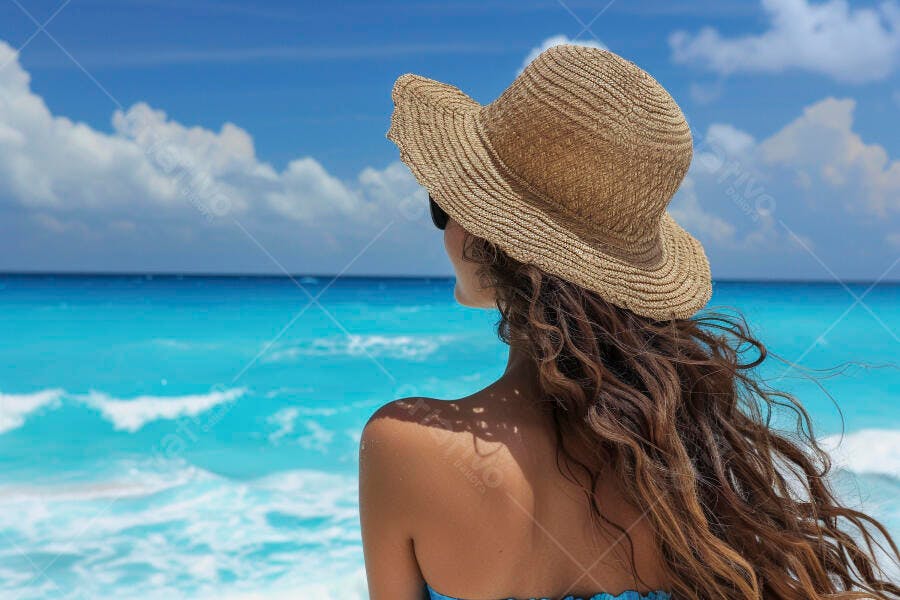 Foto Mulher Chapéu de Palha Praia Mar Azul Verão