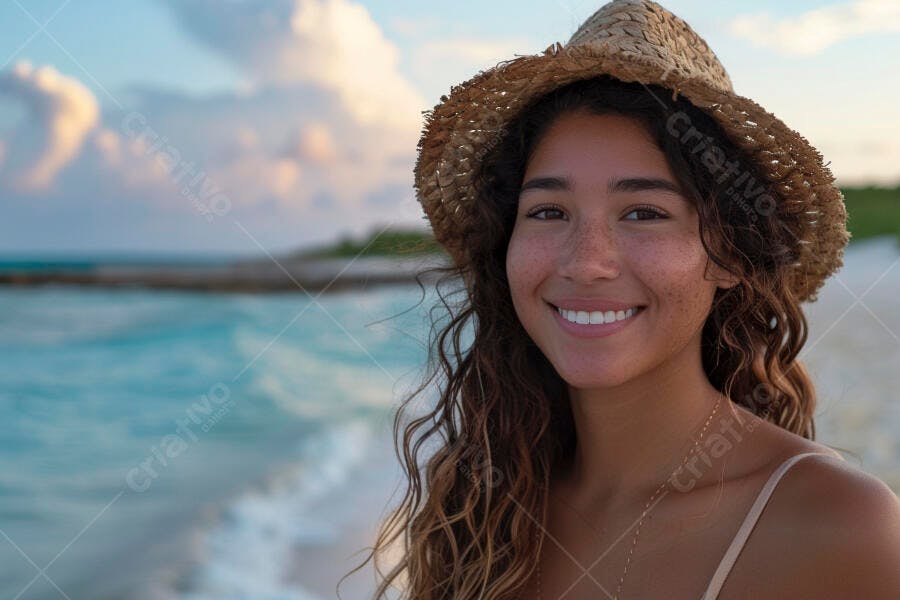 Foto Mulher Jovem Sorrindo Chapéu de Palha Praia Pôr do Sol