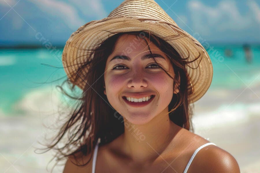 Foto Mulher Sorrindo Chapéu de Palha Praia Verão