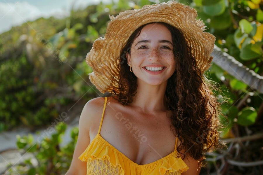 Foto Mulher Jovem Sorrindo Chapéu de Palha Praia Verão