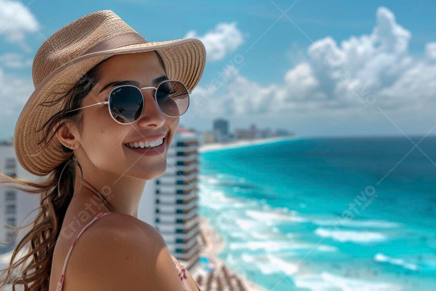 Foto Mulher Sorrindo Chapéu Óculos Sol Praia Verão