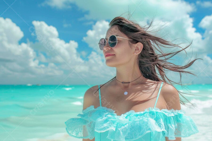 Foto Mulher Jovem Óculos de Sol Praia Mar Azul Céu Limpo