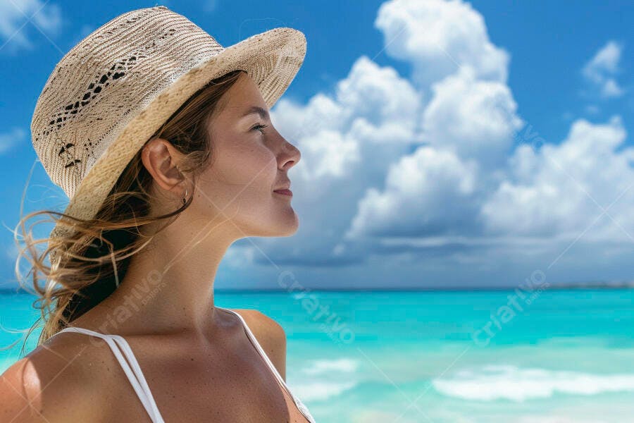 Foto Mulher Jovem Chapéu Praia Céu Azul Verão