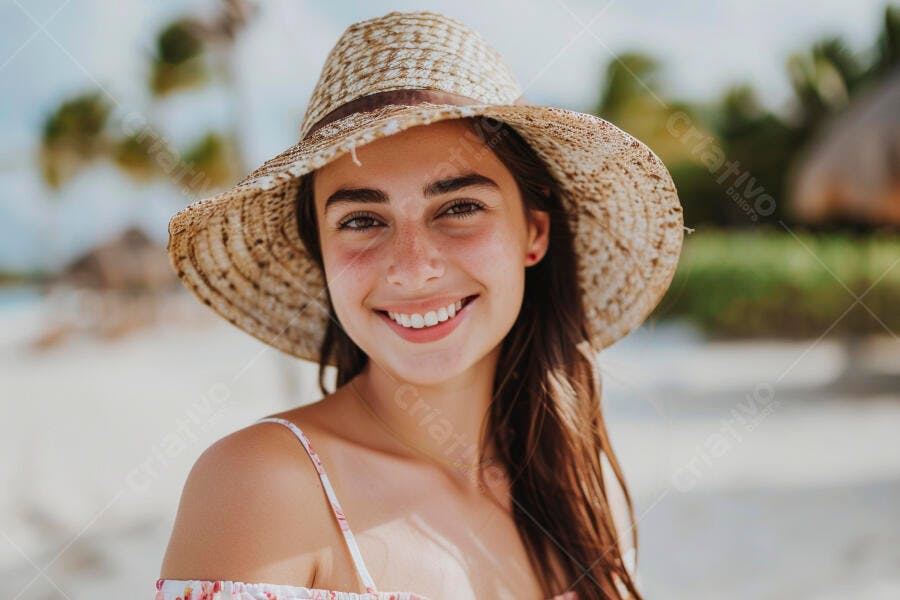 Foto Retrato Mulher Jovem Sorrindo Chapéu de Palha Praia Verão