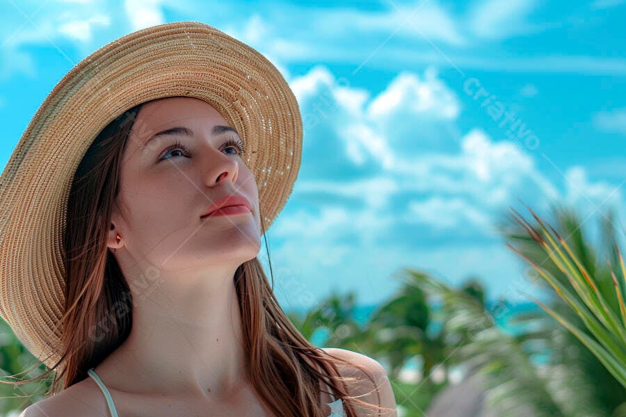 Foto Mulher Jovem Chapéu Olhando Céu Azul Verão Praia