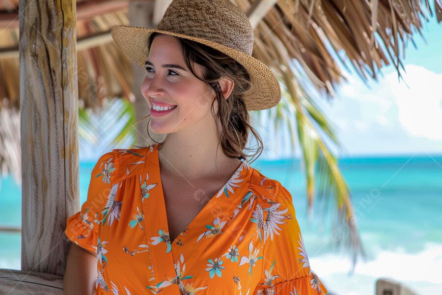 Foto Mulher Sorrindo Chapéu de Palha Praia Verão Lifestyle